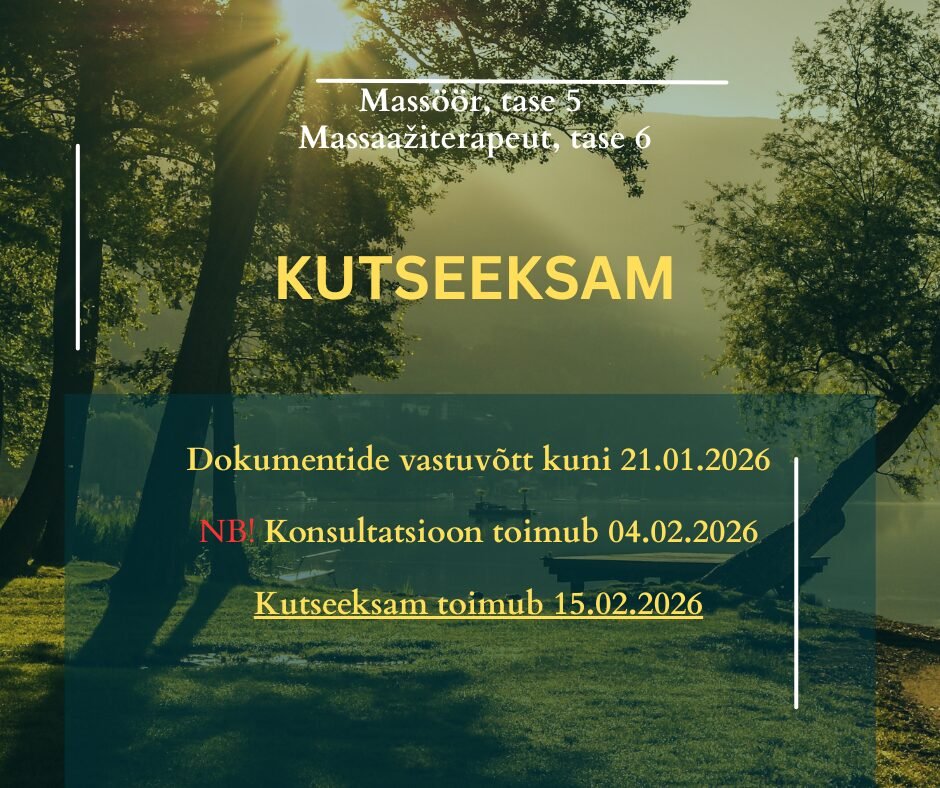 Eesti Massööride Liit kuulutab välja kutse andmise järgmistele kutsetele: Massöör, tase 5 Massaažiterapeut, tase 6 Kutseeksami läbiviimise koht on Tallinn, Kada