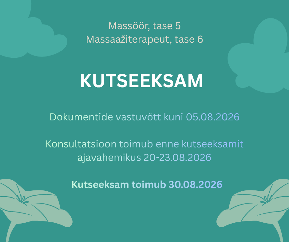 Eesti Massööride Liit kuulutab välja kutse andmise järgmistele kutsetele: Massöör, tase 5 Massaažiterapeut, tase 6 Kutseeksami läbiviimise koht on Tallinn, Kada